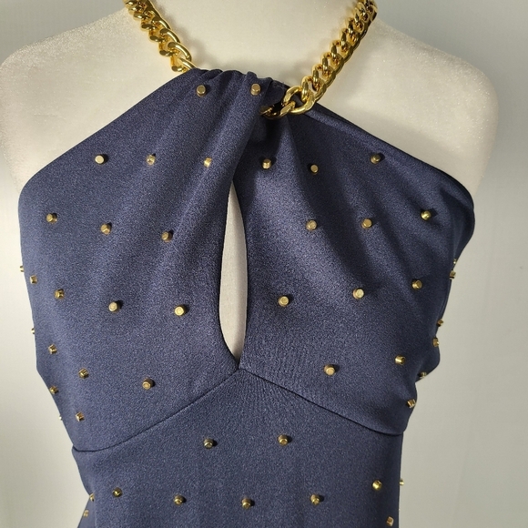 Michael Kors Stud Chain- Neck Mini Dress Navy Dress with Gold Studs - Picture 6 of 10